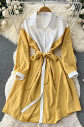 Robe chemise à manches longues et ceinture patchwork