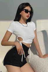 Side Drawstring Hollowed Out Round Neck Top T-Shirt
