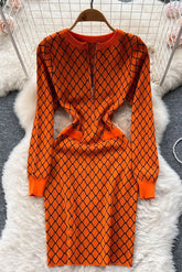Geometric Knitted Vestidos Casual Zipper O-neck Short Dress