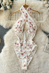 Tops Floral Print Lace Stitching Bodysuits Skinny Femme Jumpsuit