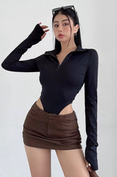 Sexy Tight Half Zippered Lapel Bodysuit