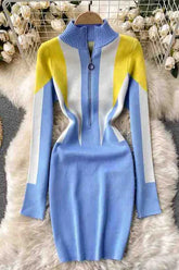 Robe pull en tricot style européen, col zippé, manches longues, robe décontractée