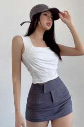 Sexy Square Neck Pleated Sleeveless Vest Top