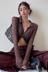 Sexy High Waist Hollow Out Perspective Lace Shirt