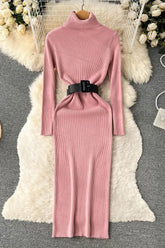 Knitted Elegant Turtleneck Long Sweater Dress with Belt Lady Package Hips Bodycon Dress