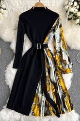Robe plissée en tricot patchwork, imprimée, col montant, manches longues, ceinture, robe pull chaude trapèze pour femme