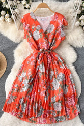 Romantic Chiffon Party Dress Elegant Bandage Floral Print Dress