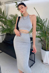 Lace Up back Vest and Fitted Skirt Two-Piece Set