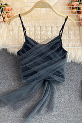 Mesh Schmetterling Korsett Riemen Plissee Tanks Camis Off Schulter Top Crop Top Kleidung