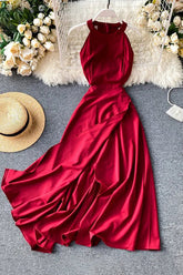 Ärmelloses langes Kleid weibliches geteiltes schlankes Kleid Damen solide A-Linie Partykleid