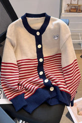 Knitted Cardigan Sweaters Casual O-neck Striped Knitwear Coats