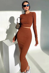 Casual Round Neck Long Sleeved Top And Skirt Two-Piece Set