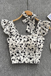 Damen Top mit quadratischem Ausschnitt, Schleife und Rüschen, kurzes Unterhemd, Blumenmuster, elastische Taille