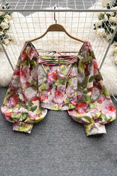 Floral Print Blouse Square Neck Long Lantern Sleeves Top Ladies Beach Vintage Blouse