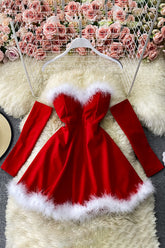 Furry Stitching Nightclub Off-Shoulder Backless Dress With Sleeves