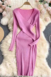 Robe pull élégante en tricot à manches longues et col en V croisé pour femme