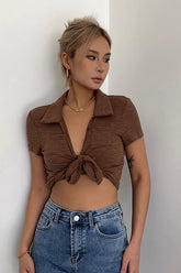 Ribbed Knit Crisscross Front Shirts Tops