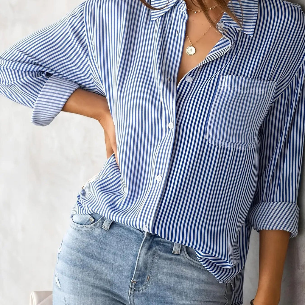 Off White and Beige Striped Button Down Top