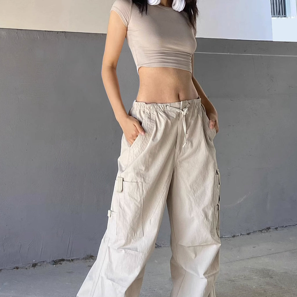 Drawstring solid cargo pocket wide leg pant main image 0