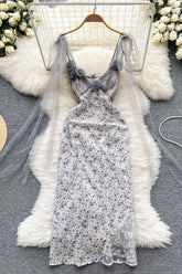 Romantic Lace Patchwork Party Dress Elegant High Waist Floral Print Bandage Long Dress