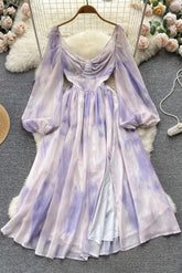 Robe longue romantique à imprimé tie-dye, grande robe trapèze en mousseline de soie, robe de soirée