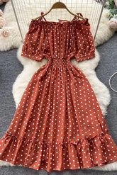 Polka Dot Casual Off Shoulder Sling Straps Elastisches Korsett Rüschen Saum Partykleid