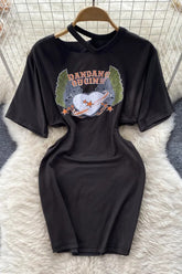 Cutout Waist Mini Dress Short Sleeve Breathable Print T-shirt