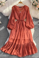 Elegant Lace-up Ruffled Long Dress Lantern Sleeve Party Dress