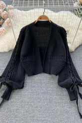 Lantern Sleeve Lace-up Knit Sweater Tops