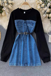 Robe en jean à capuche et manches longues, mini robe en jean patchwork en coton avec ceinture