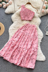 Set Floral Print Crop Tops + High Waist A-line Long Skirts Beach Ladies Two Piece Set