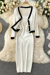 Ensemble deux pièces élégant avec cardigan tricoté à manches longues et robe à fines bretelles élastiques