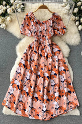 Romantic Flower Print Long Dress Elegant Puff Sleeve Off Shoulder Dress Party Vestidos Dress