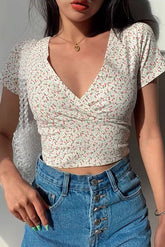 Print V-Neck T-Shirt Short Sleeved Top