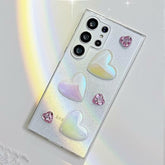 Simple Three-Dimensional Transparent Heart Samsung Apple Mobile Phone Protective Case Cute 3D Holographic Laser Love Heart Gems Bling Sparkle Clear Shockproof Slim Soft TPU Silicone Girls Phone Case