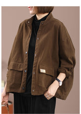 Loose Style Single Breasted O Neck Pocket Design Coats