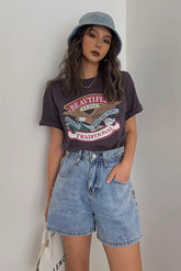 Letter Print Cew Neck Tops T-Shirt