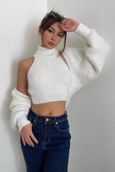 Rib-knit Shawl Jacet & Mock Neck Vest Two Piece Set