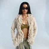 Cardigan en tricot à franges en épicéa - Beige poudré