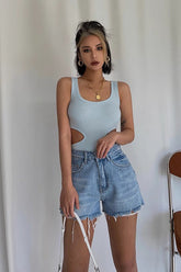 Ripped Raw Trim Workout Denim Shorts