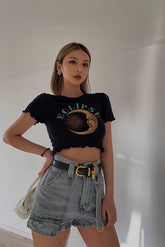 Crew Neck Printed Ruffle Trim Tank Top