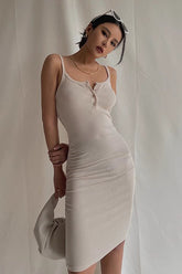 Ruched Buttoned Front Wrap V-Neck Bodycon Dress