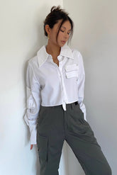 Single Button Lapel Neck Crop Shirt Tops