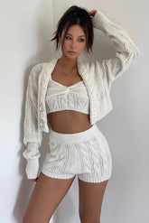 Cable Knit Buckle Detail Jacket & Crisscross Vest & Elastic Waist Shorts 3 Piece Sets