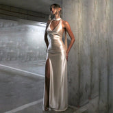 Deep V collar halter neck backless satin ribbon dress