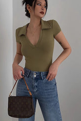 Short Sleeve Wrap V Neck Ribbed Tank Tops