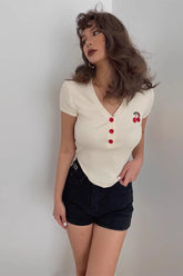 Retro Asymmetrical Hem Buckle Detail Tops Shirt