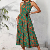 Halter Sleeveless Ethnic Print Long Dress