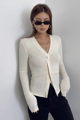 Long Sleeve Solid Tie Front Tops Shirt