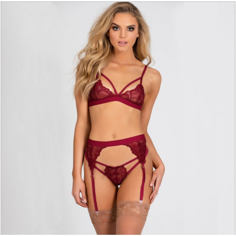 Sexy PU Leather Stitching Lace See-through Strappy Lingerie Set